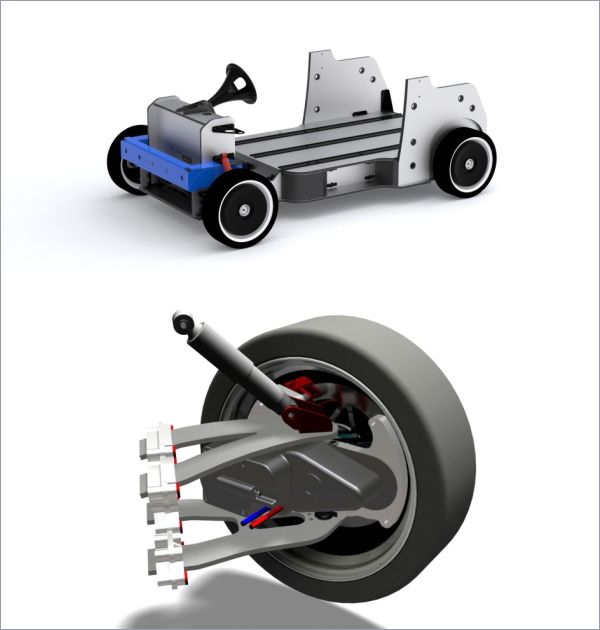 Платформа необычна и предельно полно позволяет использовать внутреннее пространство QBEAK. Два мотор-колеса и подвеска — собственной разработки.