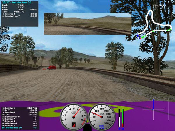 Внимание участников эксперимента отвлекали извилистая дорога и встречное движение. (Скриншот из Open Source Racing Car Simulator.)